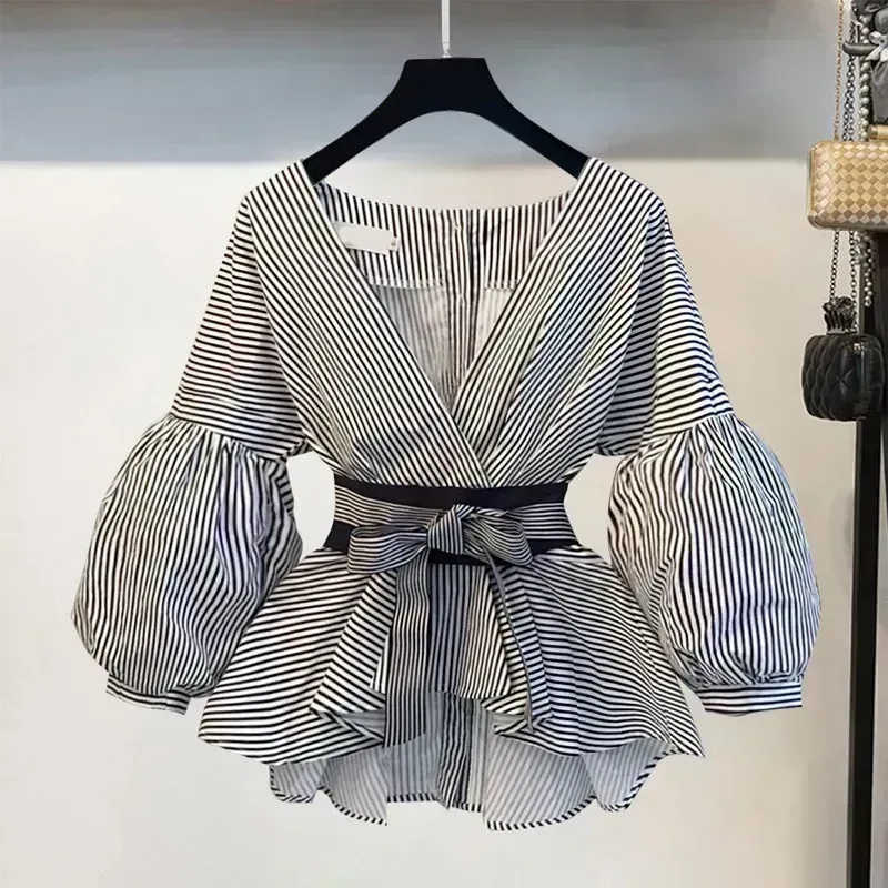 Women Elegant V-Neck Stripe La - đánh giá và giá Korean Lifestyle